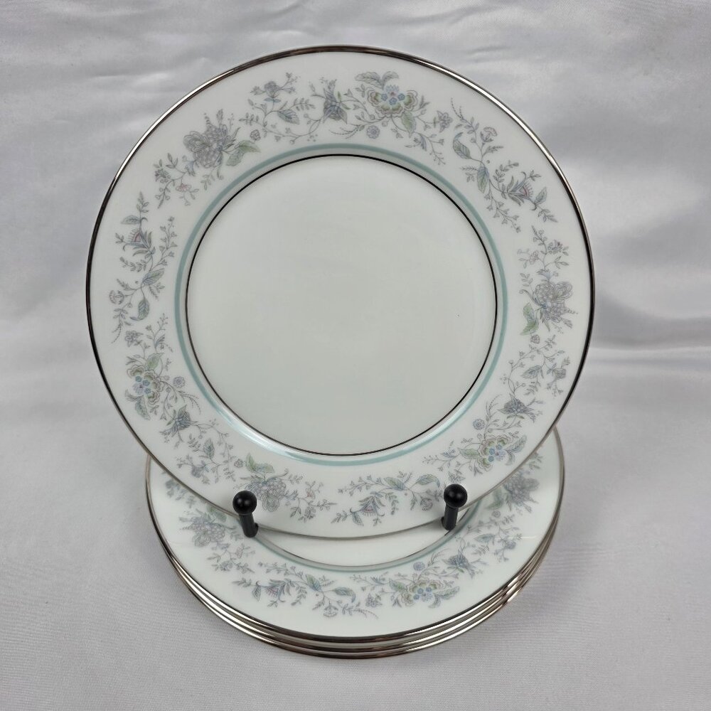 FOUR Oxford China Spring Bread Plate Multicolor Floral Rim Aqua Band